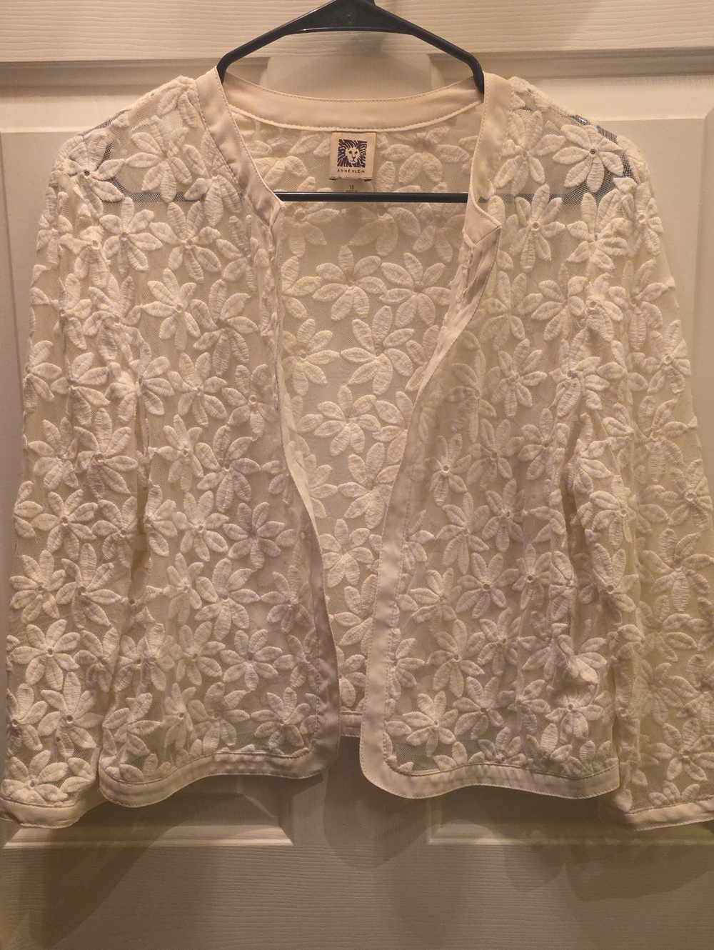 Anne Klein White Floral Embroidered Open Front Cardigan